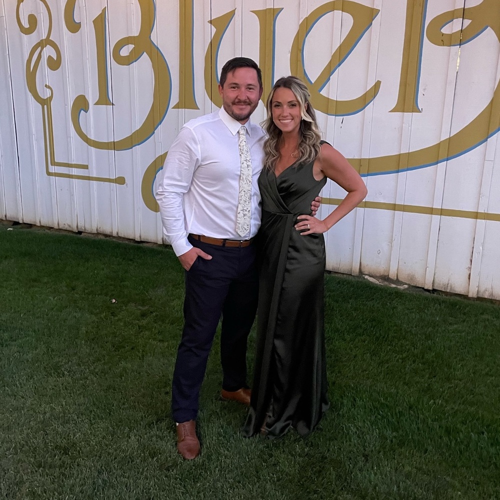 (Like new! Worn once!) Revelry Satin Blair Dress, Color: Deep Olive, Size: 6